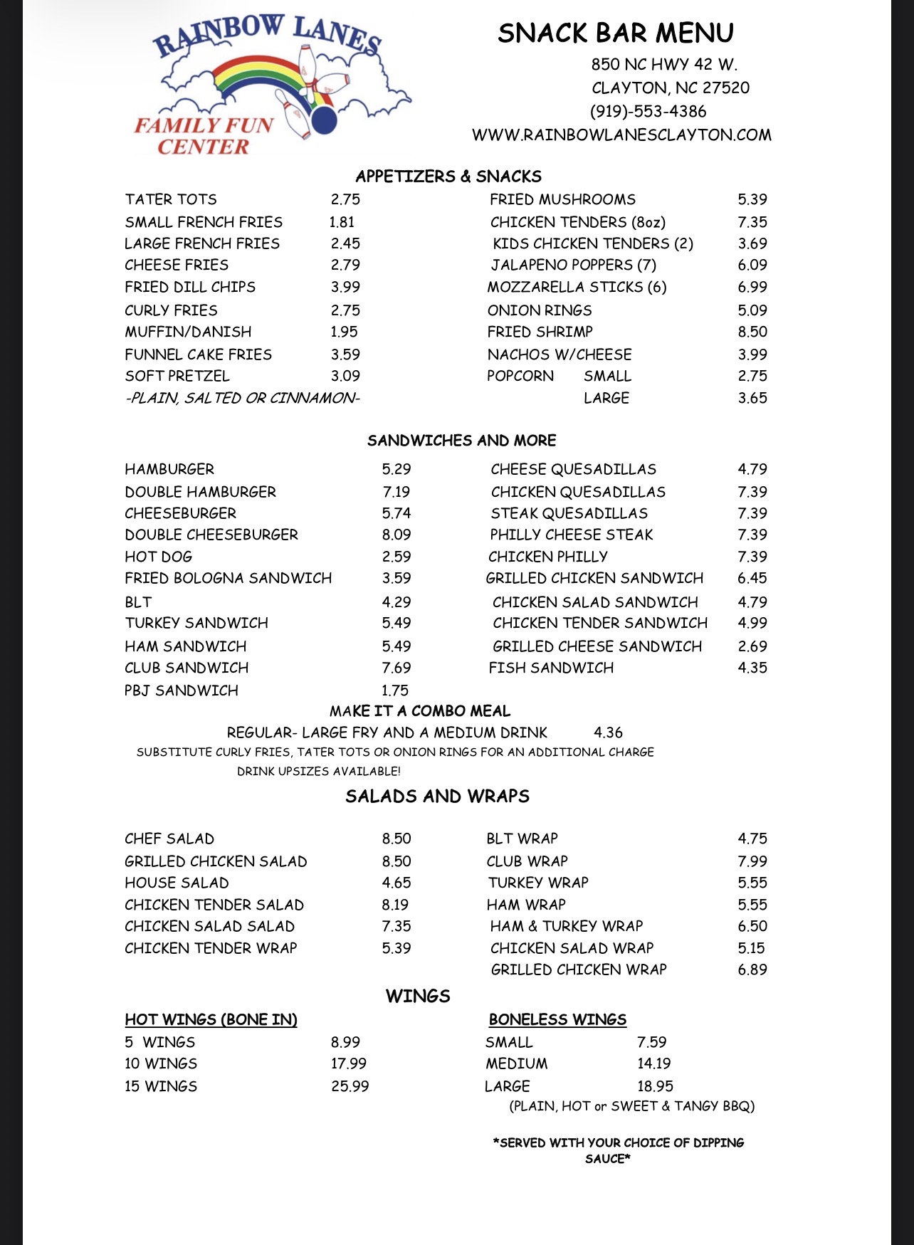 Preview of the Rainbow Lanes snack bar menu